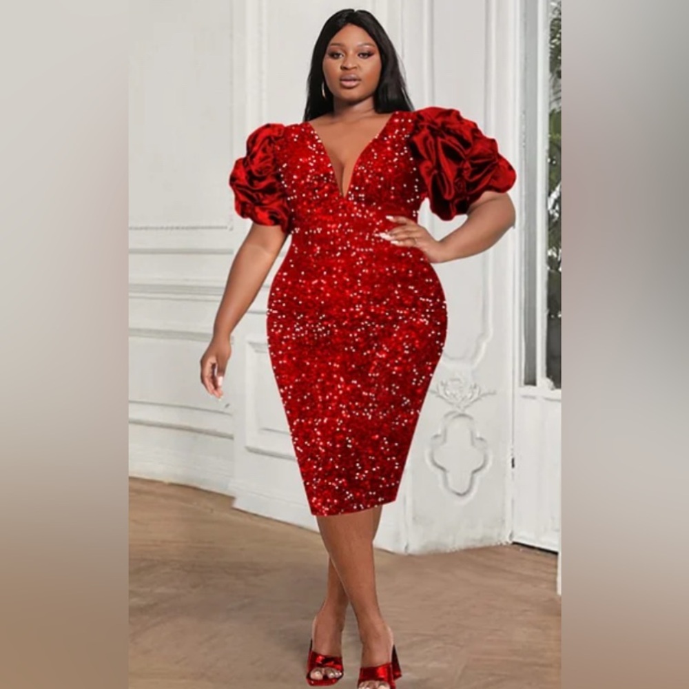 Red Sequin Puff Sleeve Bodycon Midi Dress
